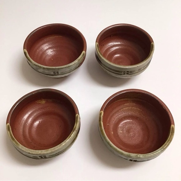Japanese Studio Art Pottery SET OF 4 Tea Bowls Matcha Terra Cotta Brown Glaze - Picture 9 of 16